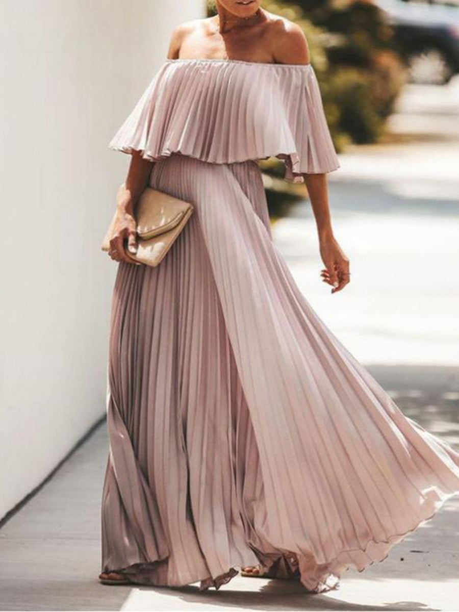 Tube Top Off Shoulder Chiffon Crimp Maxi Dress