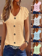 Jacquard Hollow Out Lotus Leaf Sleeves Buttons Crew Neck T-shirts