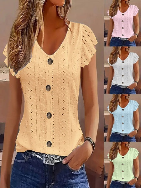 Jacquard Hollow Out Lotus Leaf Sleeves Buttons Crew Neck T-shirts