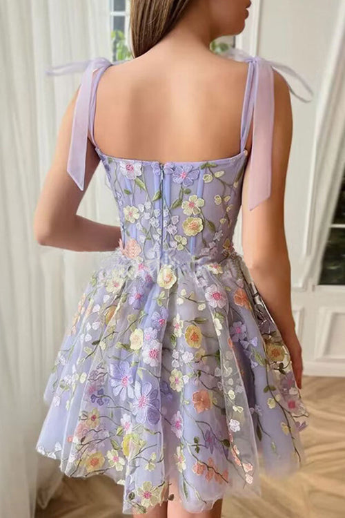 Sweetheart Corset Bodice 3D Floral Embroidered Tie Shoulder Mini Dress