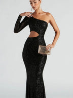 Sloping Shoulders Sequins Slit Temperament Grace Formal Dress Banquet Maxi Dresses