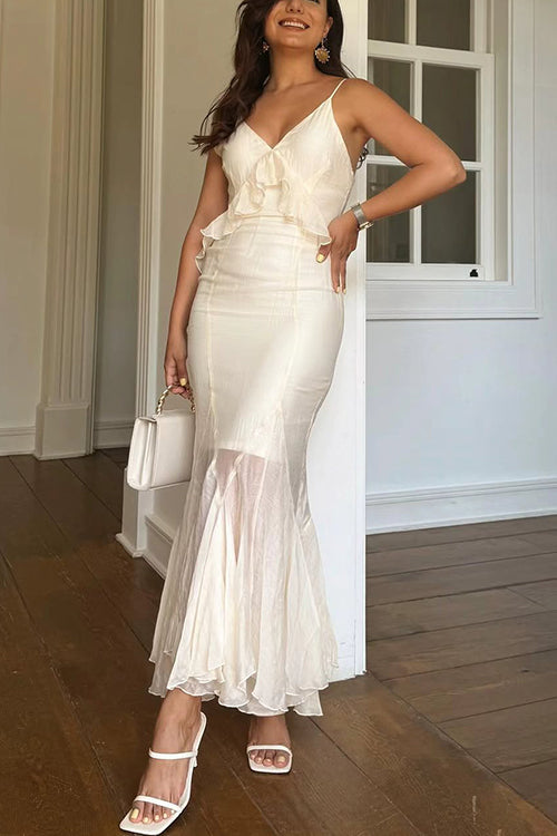 Spaghetti Strap V Neck Ruffle Mermaid Maxi Dress