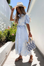 Pineapple Eyelet Embroidery Puff Sleeve Shirt Collar Button Midi Dress