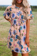Crewneck Short Sleeve Floral Printed Flowy Dress