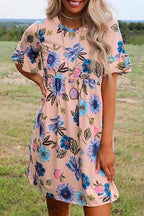 Crewneck Short Sleeve Floral Printed Flowy Dress