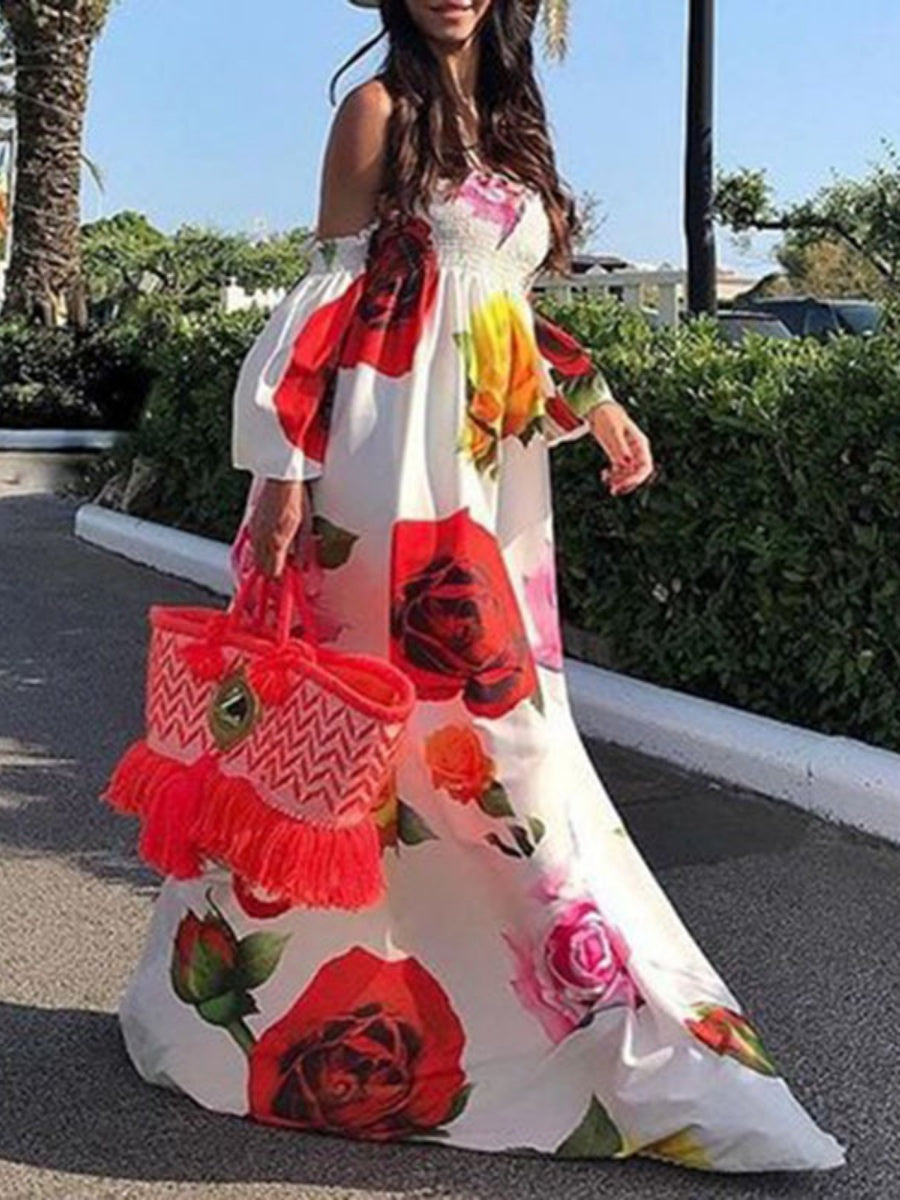 Off-the-shoulder Floral Print Long Dress