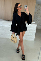 Textured Bell Sleeve Tie Waist Deep V-Neck Romper