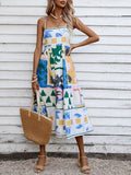 Square Neck Spaghetti Strap Abstract Tropical Print Midi Dress