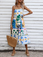Square Neck Spaghetti Strap Abstract Tropical Print Midi Dress