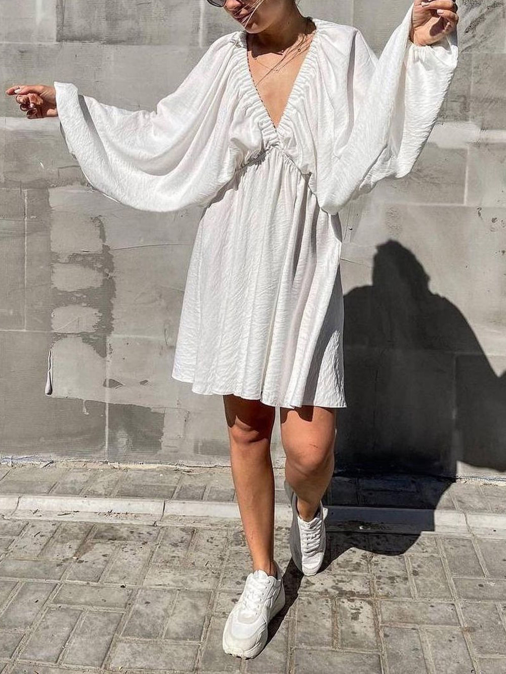 Deep V Neck Lantern Sleeve Pleated Waist Belted Mini Dress