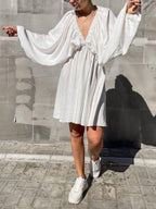 Deep V Neck Lantern Sleeve Pleated Waist Belted Mini Dress
