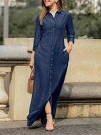 Shirt Collar, Pocket, Wide-hem Denim Maxi Dress
