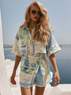 Trim Geometric Print Stylish Shirt And Shorts Two-piece Set