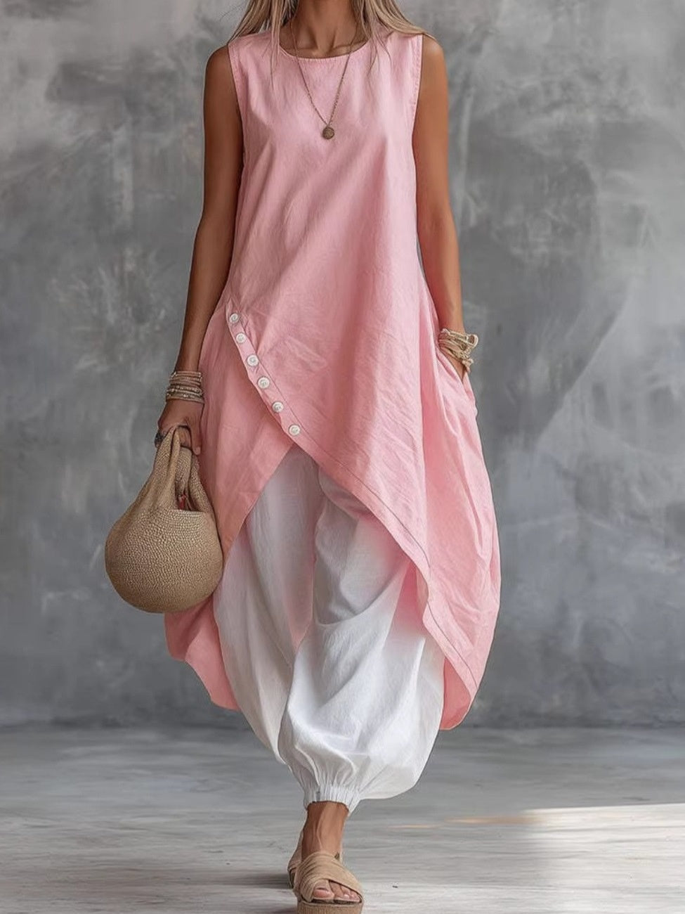 Sleeveless Loose-fitting 2-piece Set With Pockets