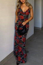 Adjustable Strap Backless Rose Print Maxi Dress