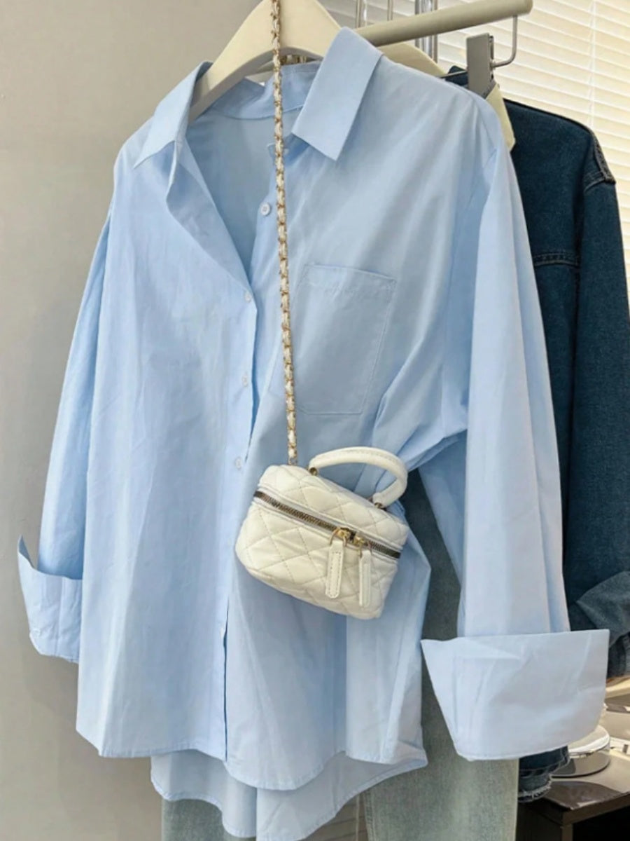 Solid Color Pocket Loose Long-sleeved Shirt