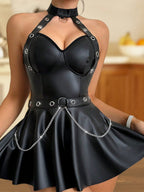 Patent Leather Hollowed-out Halter Neck Backless Chain Mini&Short Dresses