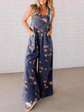 Denim Floral Print Pocket Sleeveless Suspenders Long Jumpsuit