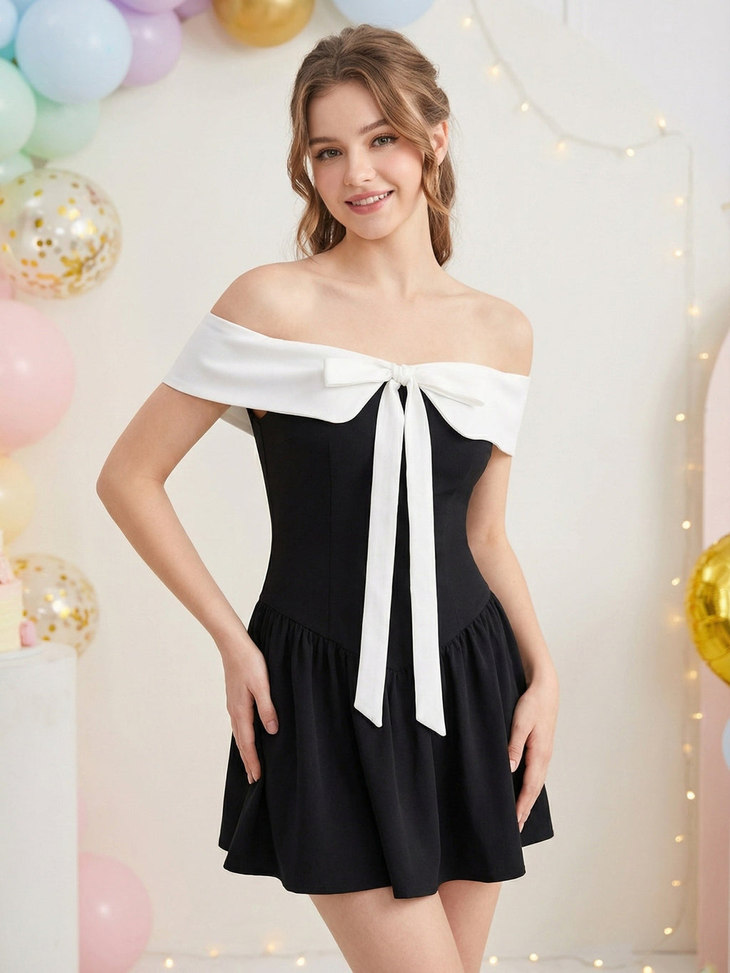 Off-shoulder Bow Waist Tie Short Sleeves Mini&Short Dresses