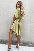 Satin Wrap Front Twist Waist Flutter Sleeve Ruffle Hem Mini Dress