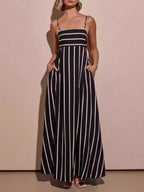 Striped Color Blocking Spaghetti Strap Backless Large Skirt Pockets Maxi Dresses