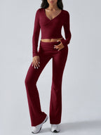 V-neck Pleats Long-sleeved Top And Trousers Sports And Leisure 2-piece Sets