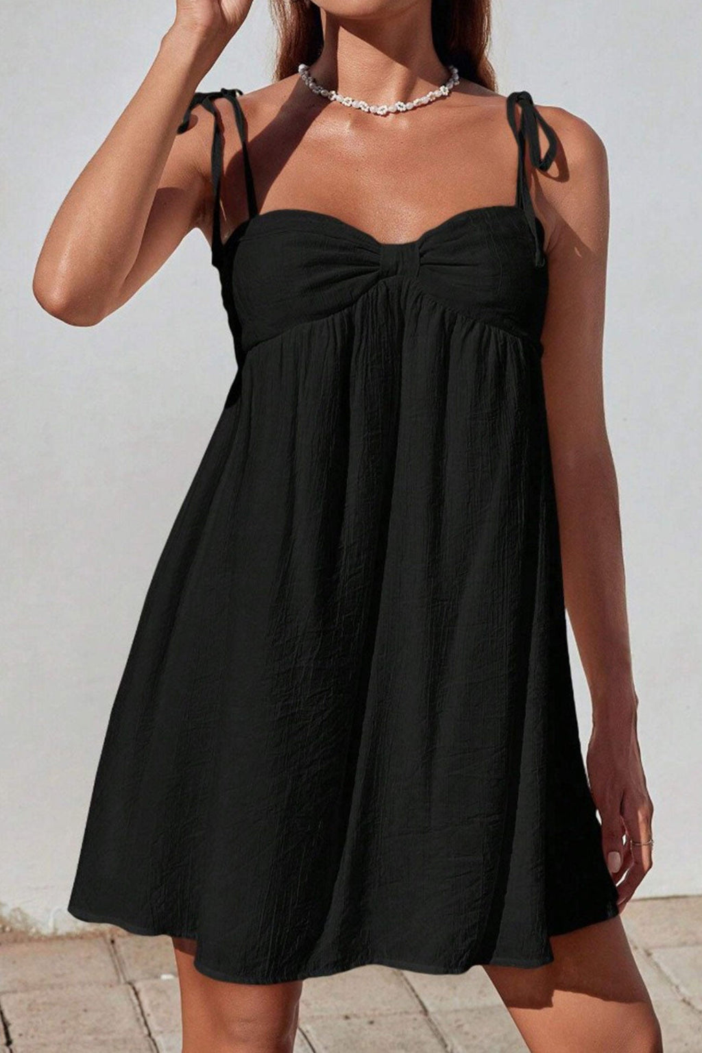 Tie Shoulder Sweetheart Gathered Bust Knot Detail Empire Waist Babydoll Mini Dress