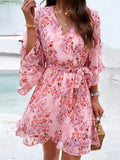 Floral Print Tie-waist Chiffon Short Dress