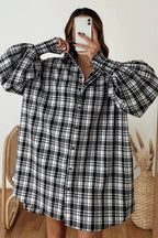 Plaid Oversized Balloon Sleeve Button Front Shirt Mini Dress