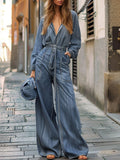 Long-sleeved V-neck Retro Loose Straight-leg Denim Jumpsuit