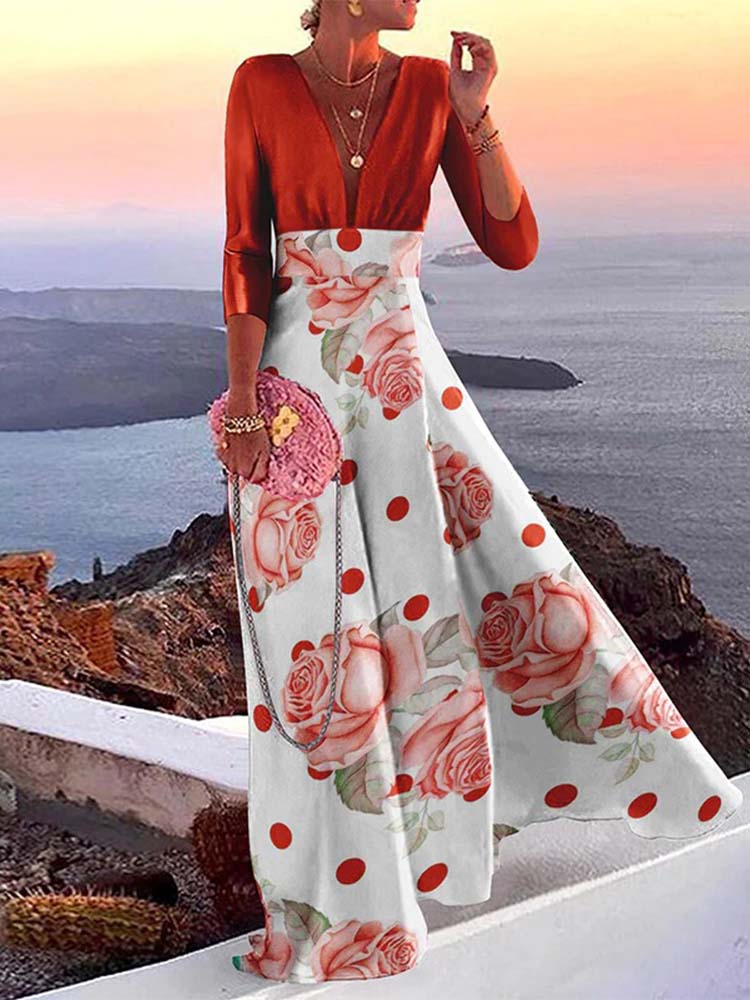 Color Block V-Neck Three-Quarter Sleeve Panel Maxi Dress
