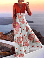 Color Block V-Neck Three-Quarter Sleeve Panel Maxi Dress