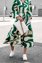 Abstract Print Long Sleeve Button Down Tiered Hem Side Slit Maxi Shirt Dress