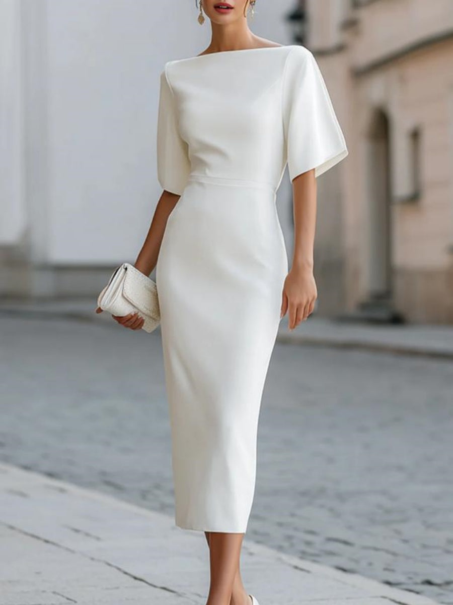 Grace One-shoulder Collar Mid-length Sleeves Slim-fit Midi Dresses