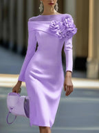 Round Neck, Solid Color, Slim Fit, Mid-length Dress With Side 3D Floral Embellishments