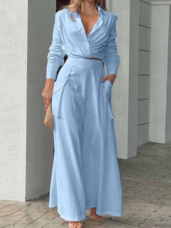 Solid Color Loose-fitting Wide-leg Pants Two-piece Set