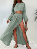 Linen Blend Cropped Top, High-waisted, Chic Slit Cotton-linen Casual Two-piece Set.