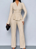 Long-sleeved, Irregular Hem, Fitted Top And Slimming Solid Color Trousers Two-piece Set