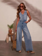 Denim Button-down Pockets V-neck Sleeveless Loose-fit Jumpsuits
