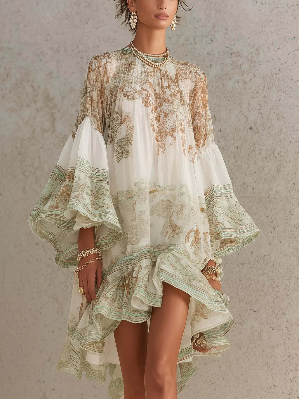 Ruffled, Vacation-style Loose-fitting, Flowy Short Dress