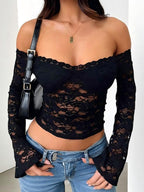 Fitted Lace Off-shoulder Short See-through Top