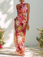 Elegant Floral Halter Neck Sleeveless Fitted Chiffon Long Dress