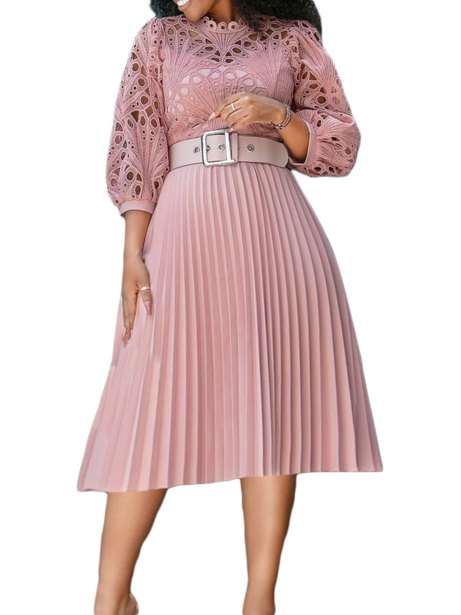 Lace Cutout Lace Patchwork With Belt Long Sleeves Midi Dresses