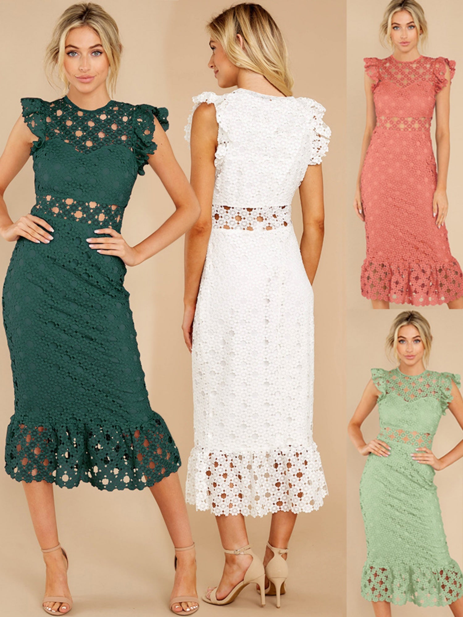 Lace Trim Hollow Out Hip Wrap Maxi Dresses