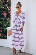 Tie Dye Print Kimono Sleeve Button Front Drawstring Waist Maxi Dress