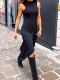 Mock Neck Sleeveless Knot Front Ruched Wrap Asymmetric Hem Midi Dress