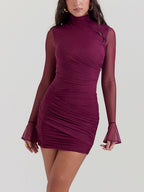 Mock Neck Sheer Mesh Flared Cuff Ruched Bodycon Mini Dress