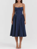Sweetheart Neck Spaghetti Strap Corset Bodice Basque Waist Pleated Midi Dress