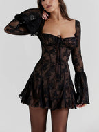 Floral Lace Square Neck Tie Front Bell Sleeve Corset Bodice Mini Dress