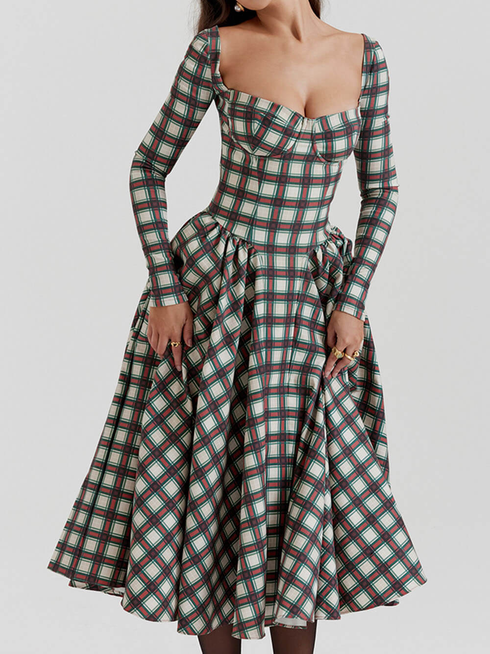 Plaid Sweetheart Neck Corset Bodice Basque Waist Pleated Midi Dress